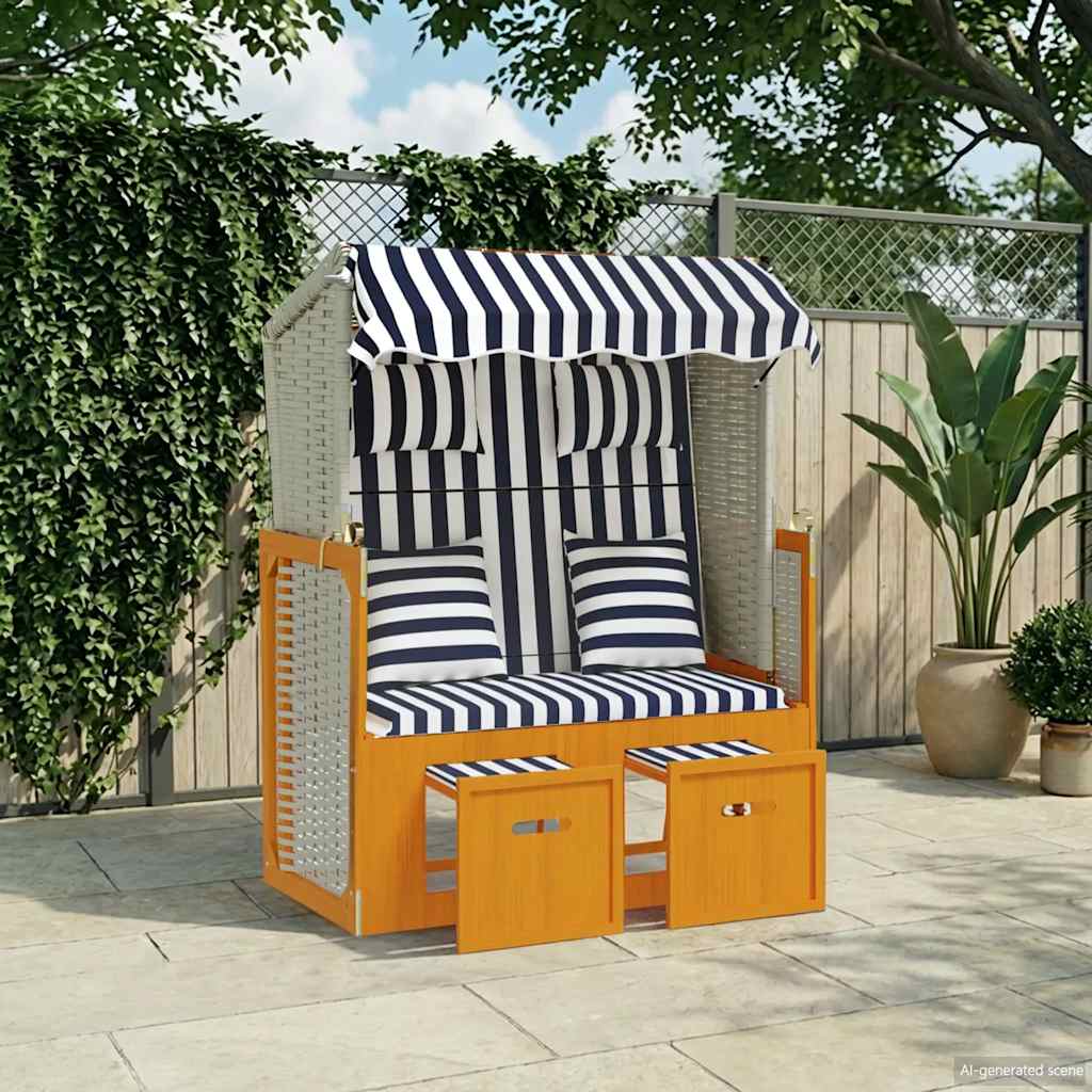 Strandkorb con Cuscini in Polyrattan Legno Massello Bianco Blu
