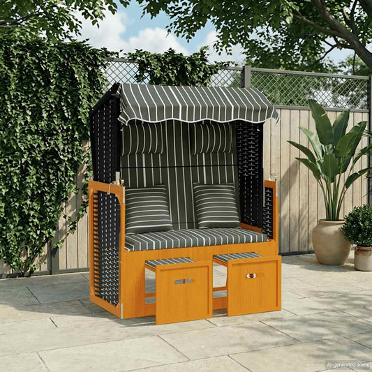 Strandkorb con Cuscini Polyrattan Legno Massello Nero e Grigio