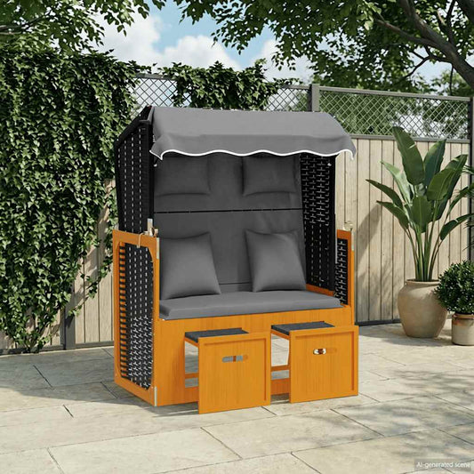 Strandkorb con Cuscino Polyrattan Legno Massello Nero Antracite