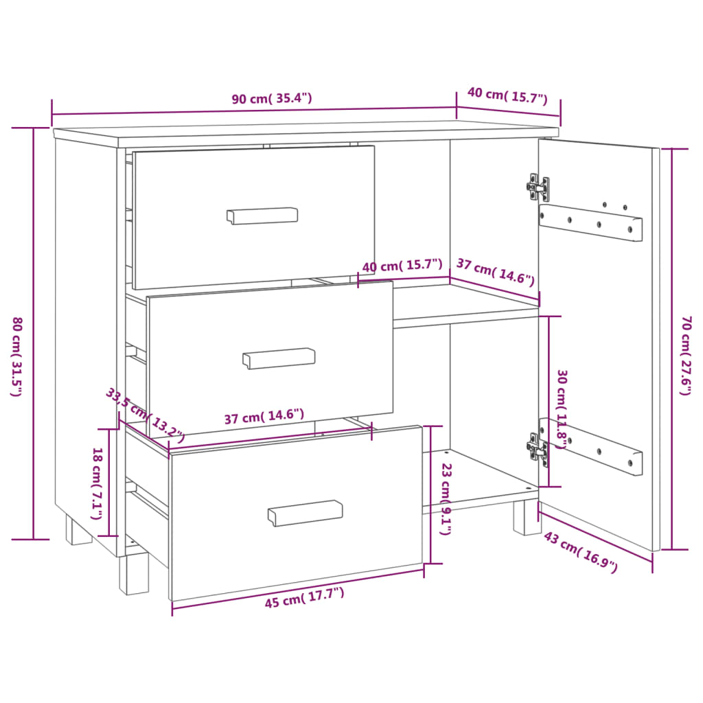 Credenza HAMAR Bianca 90x40x80 cm in Legno Massello di Pino