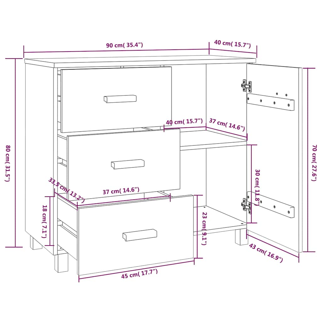 Credenza HAMAR Grigio Chiaro 90x40x80 cm Legno Massello di Pino