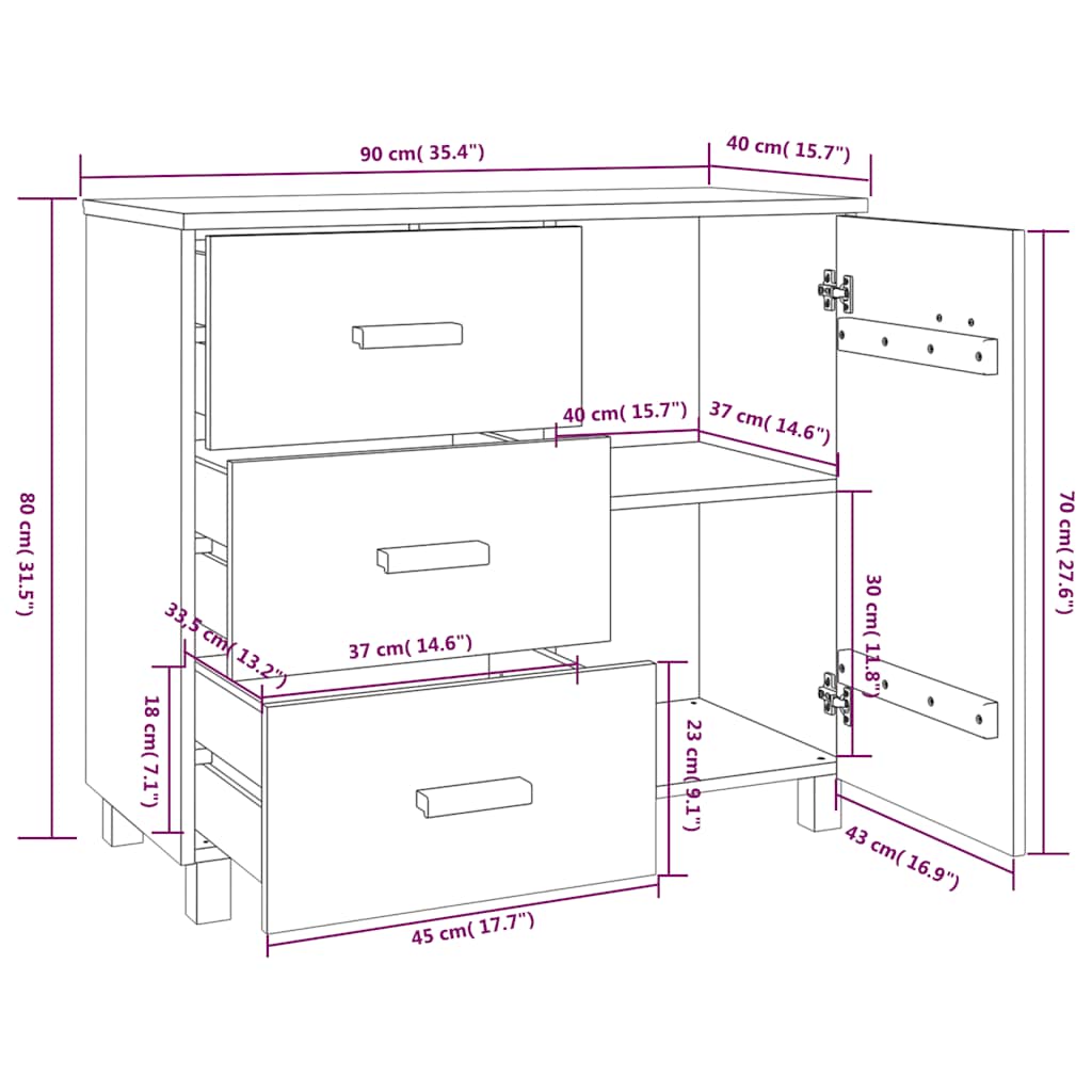 Credenza HAMAR Grigio Chiaro 90x40x80 cm Legno Massello di Pino