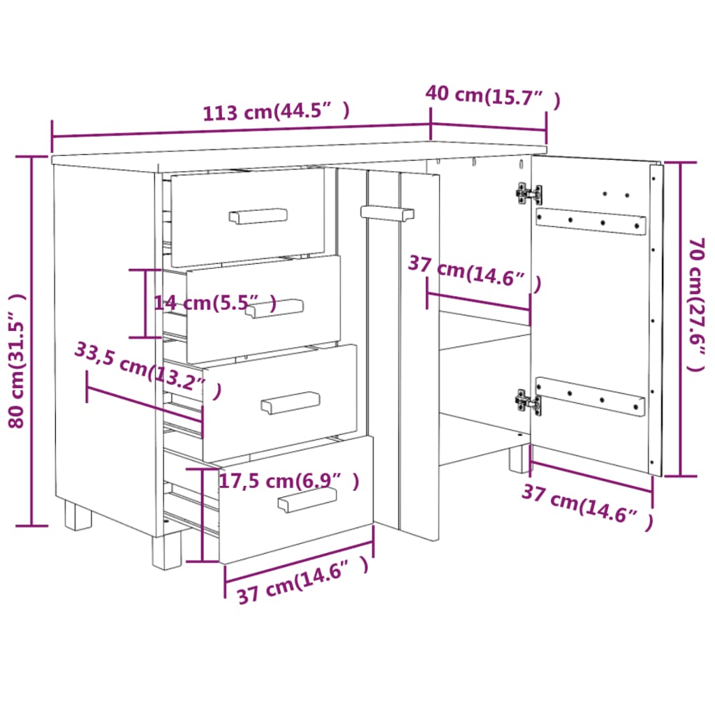 Credenza HAMAR Grigio Chiaro 113x40x80cm Legno Massello di Pino - homemem39