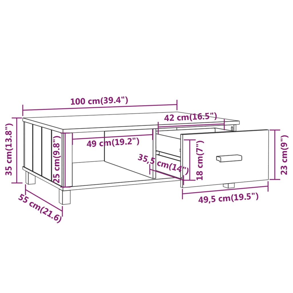 Tavolino da Salotto Bianco 100x55x35 cm Legno Massello di Pino - homemem39