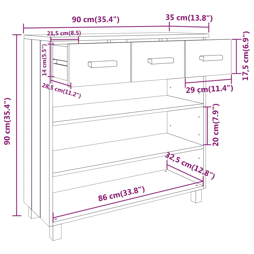 Tavolo Consolle Bianco 90x35x90 cm Legno Massello di Pino - homemem39