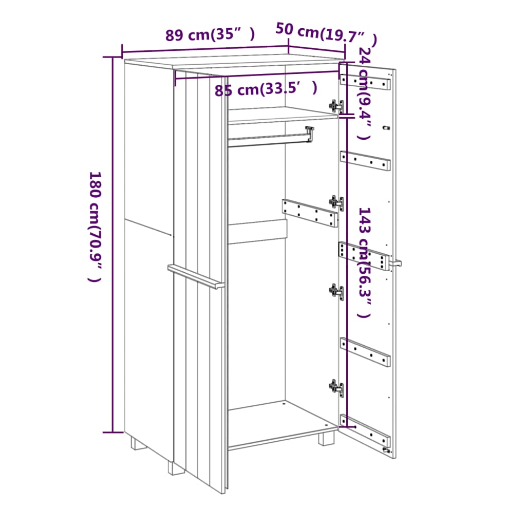 Armadio HAMAR Bianco 89x50x180 cm in Legno Massello di Pino - homemem39