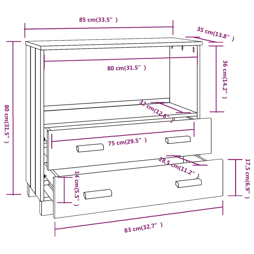 Credenza HAMAR Bianca 85x35x80 cm in Legno Massello di Pino - homemem39