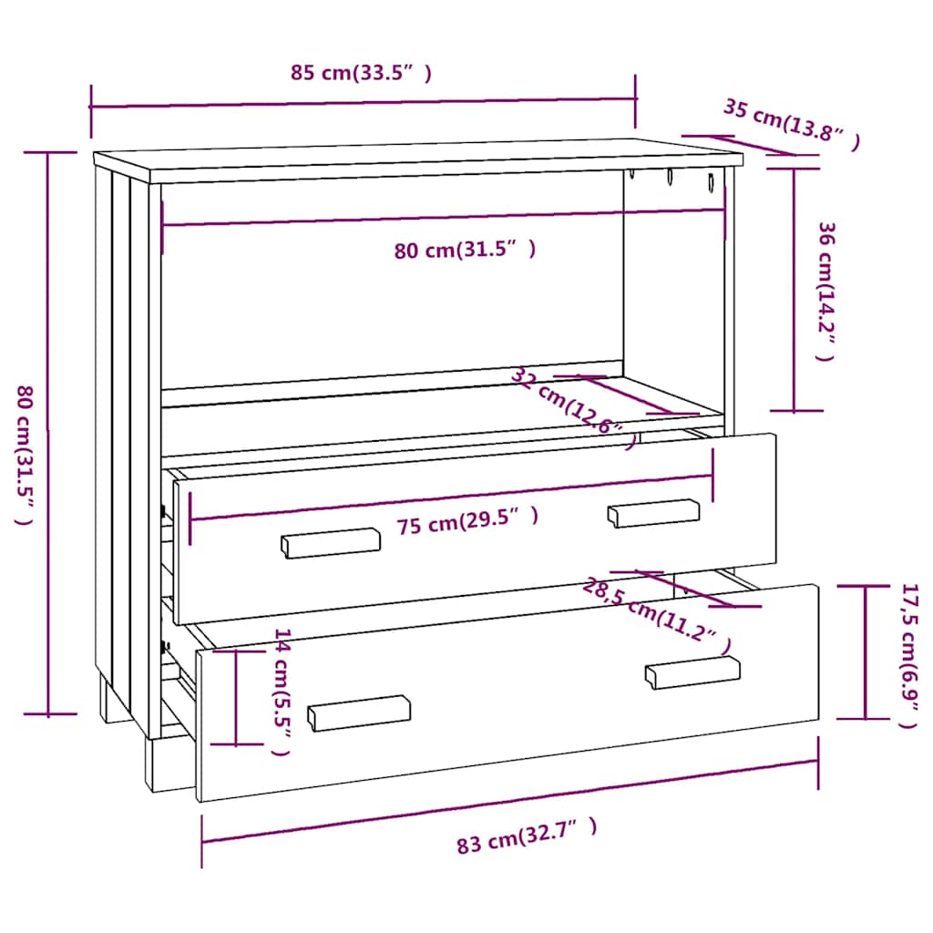 Credenza HAMAR Bianca 85x35x80 cm in Legno Massello di Pino
