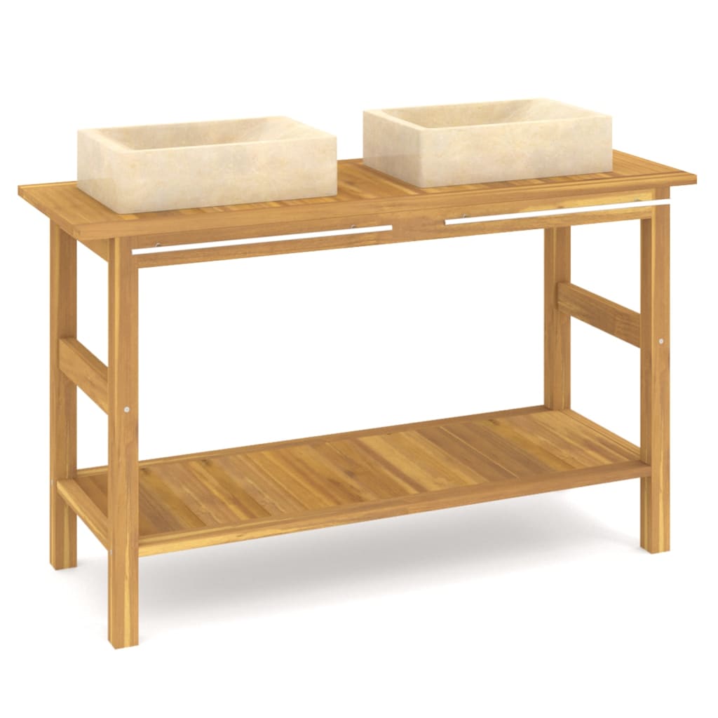 Mobile Vanità Bagno e Lavandini Marmo Crema Legno Massello Teak | homemem39