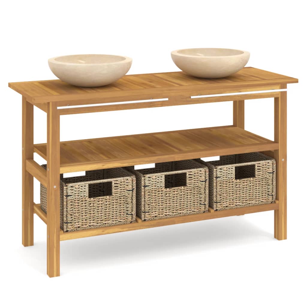 Mobile Vanità Bagno e Lavandini Marmo Crema Legno Massello Teak | homemem39