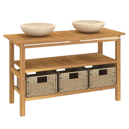 Mobile Vanità Bagno e Lavandini Marmo Crema Legno Massello Teak | homemem39