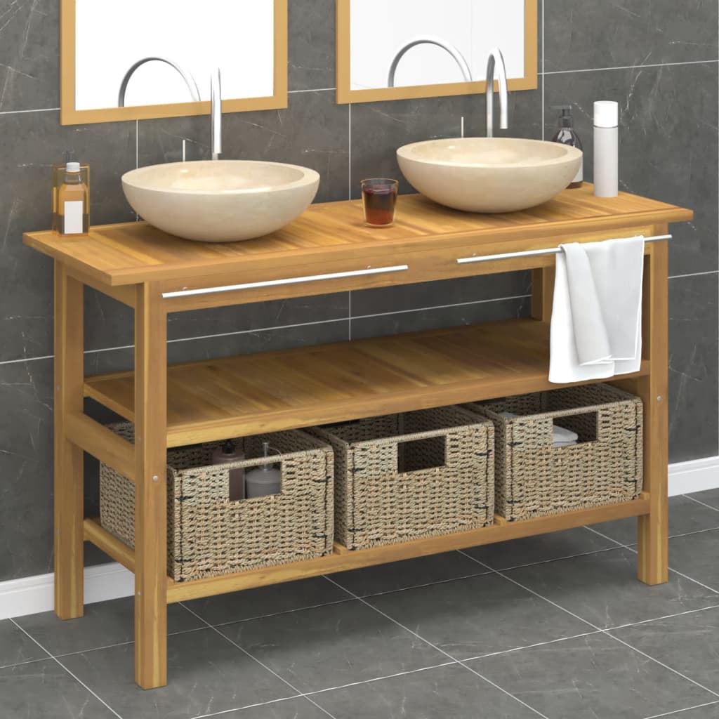 Mobile Vanità Bagno e Lavandini Marmo Crema Legno Massello Teak | homemem39