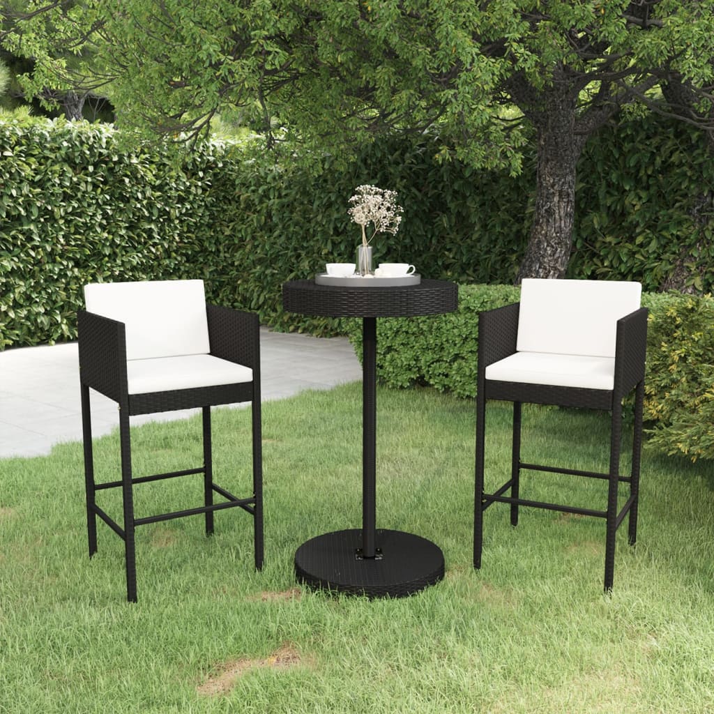 3 pc Garden Bar Set with Black Polyrattan Cushions