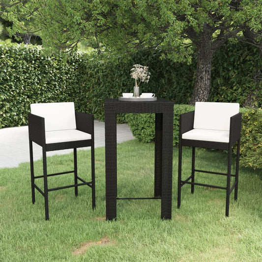 Set Bar da Giardino 3 pz con Cuscini Polyrattan Nero