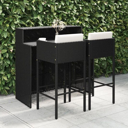 Set Bar da Giardino 3 pz con Cuscini Polyrattan Nero - homemem39