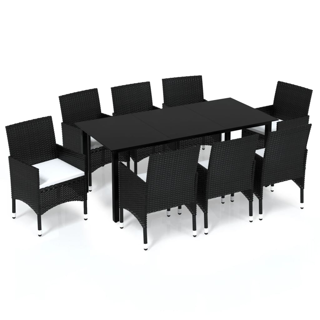 Set da Pranzo da Giardino 9 pz con Cuscini Nero in Polyrattan | homemem39