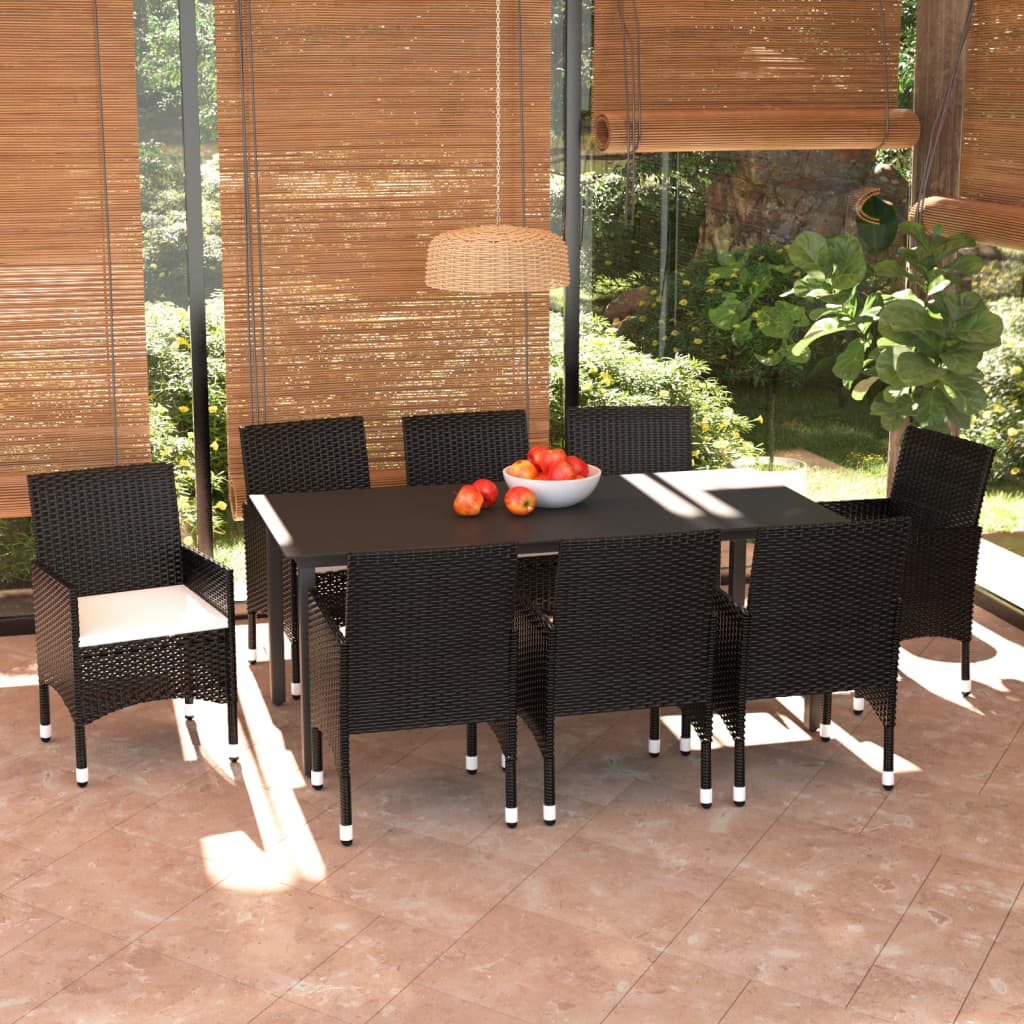 Set da Pranzo da Giardino 9 pz con Cuscini Nero in Polyrattan | homemem39