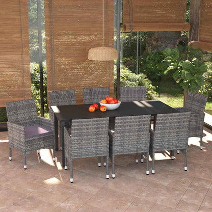 Set Pranzo da Giardino 9 pz con Cuscini in Polyrattan Grigio