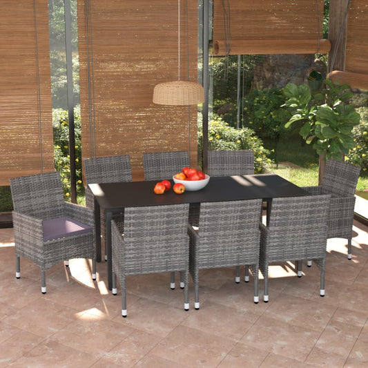 Set Pranzo da Giardino 9 pz con Cuscini in Polyrattan Grigio - homemem39