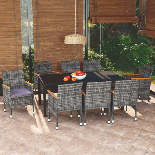 Set Pranzo da Giardino 9 pz con Cuscini in Polyrattan Grigio - homemem39