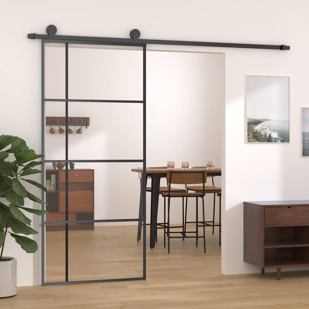 Porta Scorrevole in Vetro ESG e Alluminio 90x205 cm Nera | homemem39