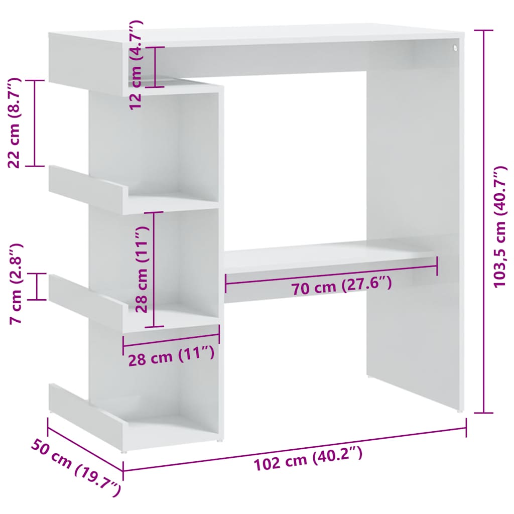 Tavolo da Bar con Ripiani Bianco Lucido 100x50x101,5 cm | homemem39