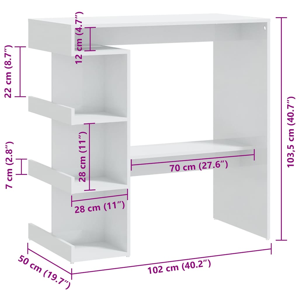 Tavolo da Bar con Ripiani Bianco Lucido 100x50x101,5 cm