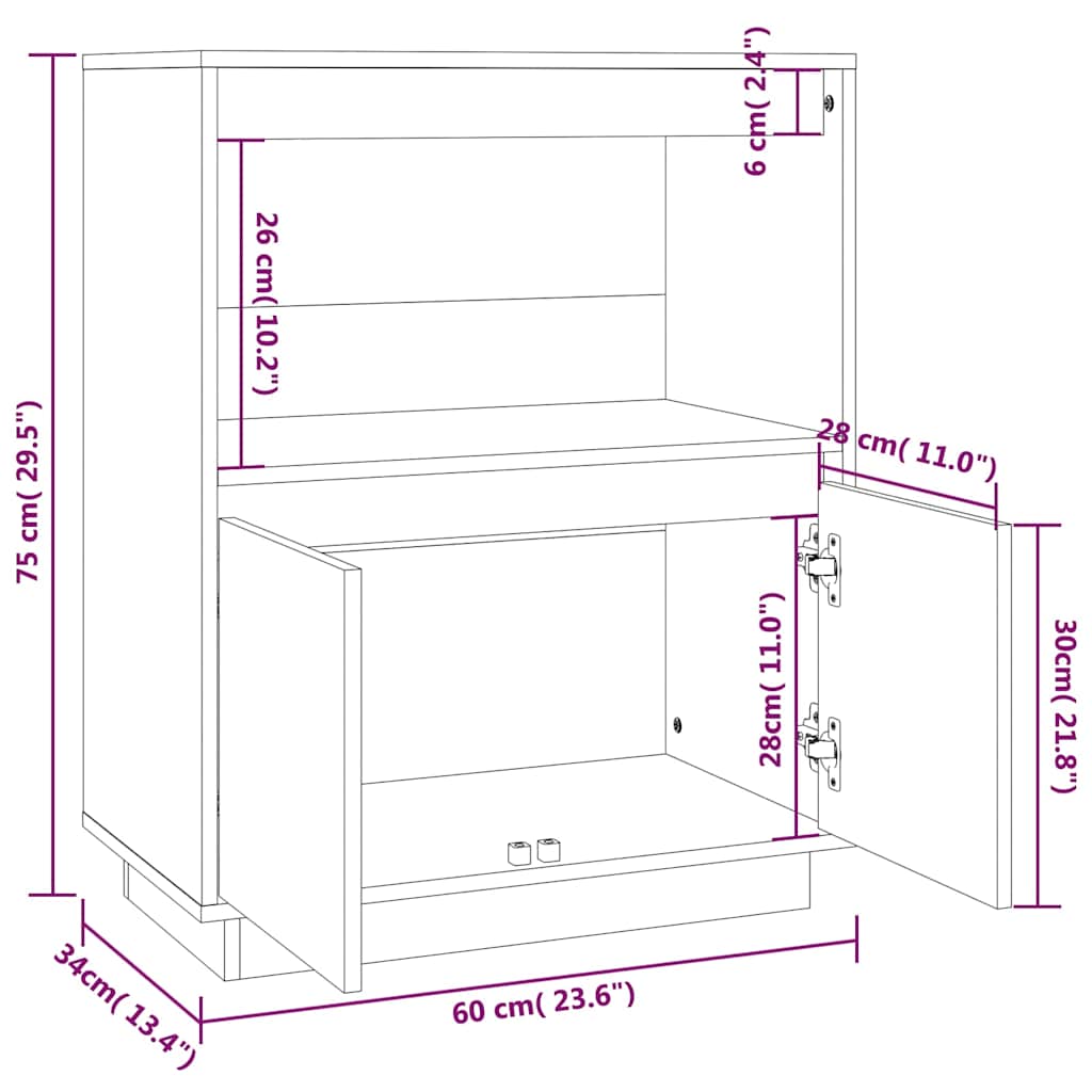 Credenza Bianca 60x34x75 cm in Legno Massello di Pino