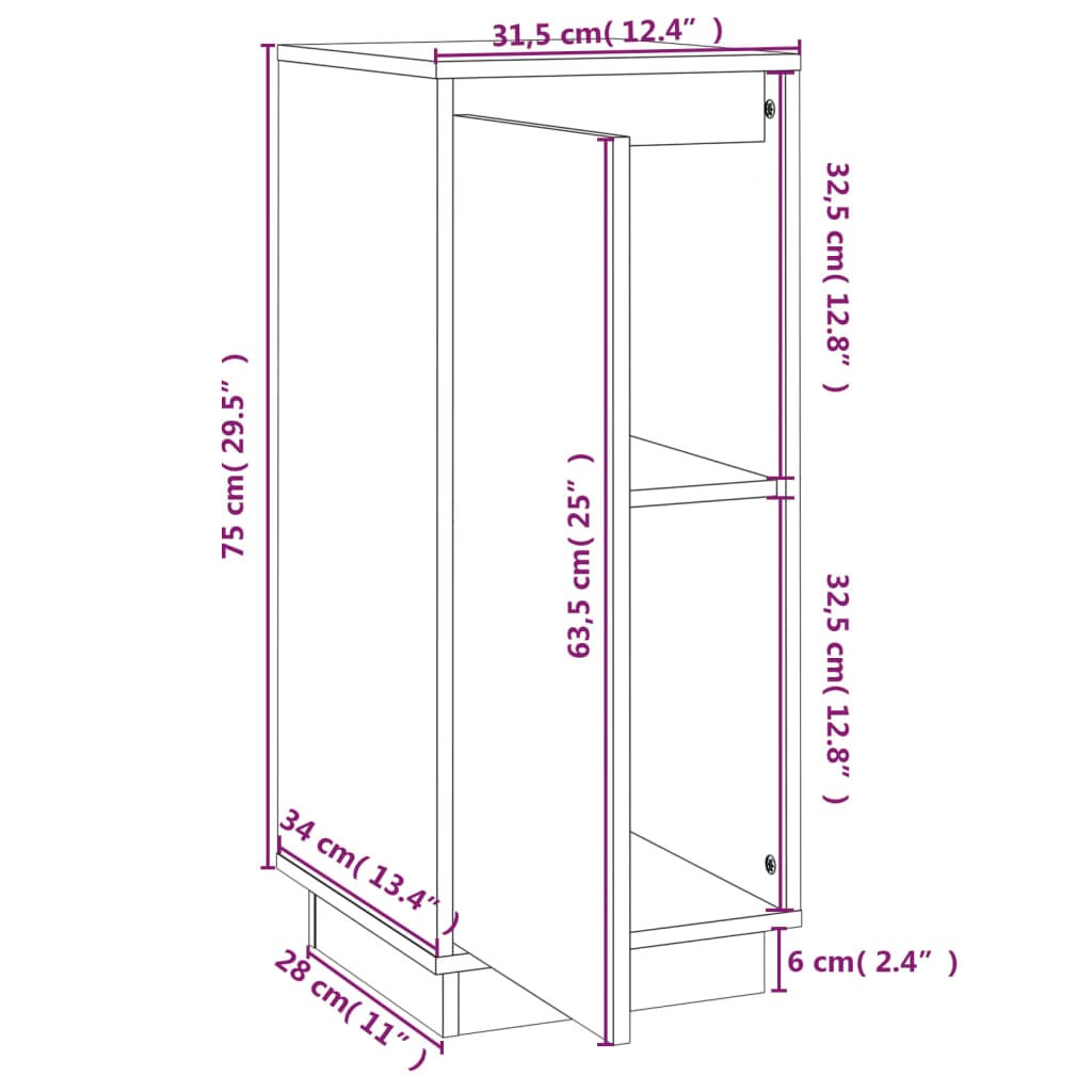 Credenza Bianca 31,5x34x75 cm in Legno Massello di Pino