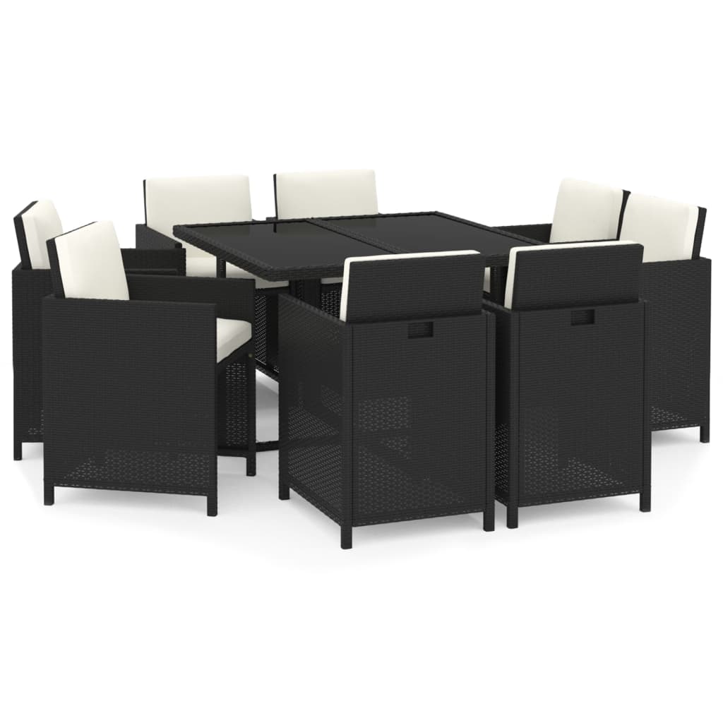 Set da Pranzo da Giardino 9 pz con Cuscini Nero in Polyrattan - homemem39