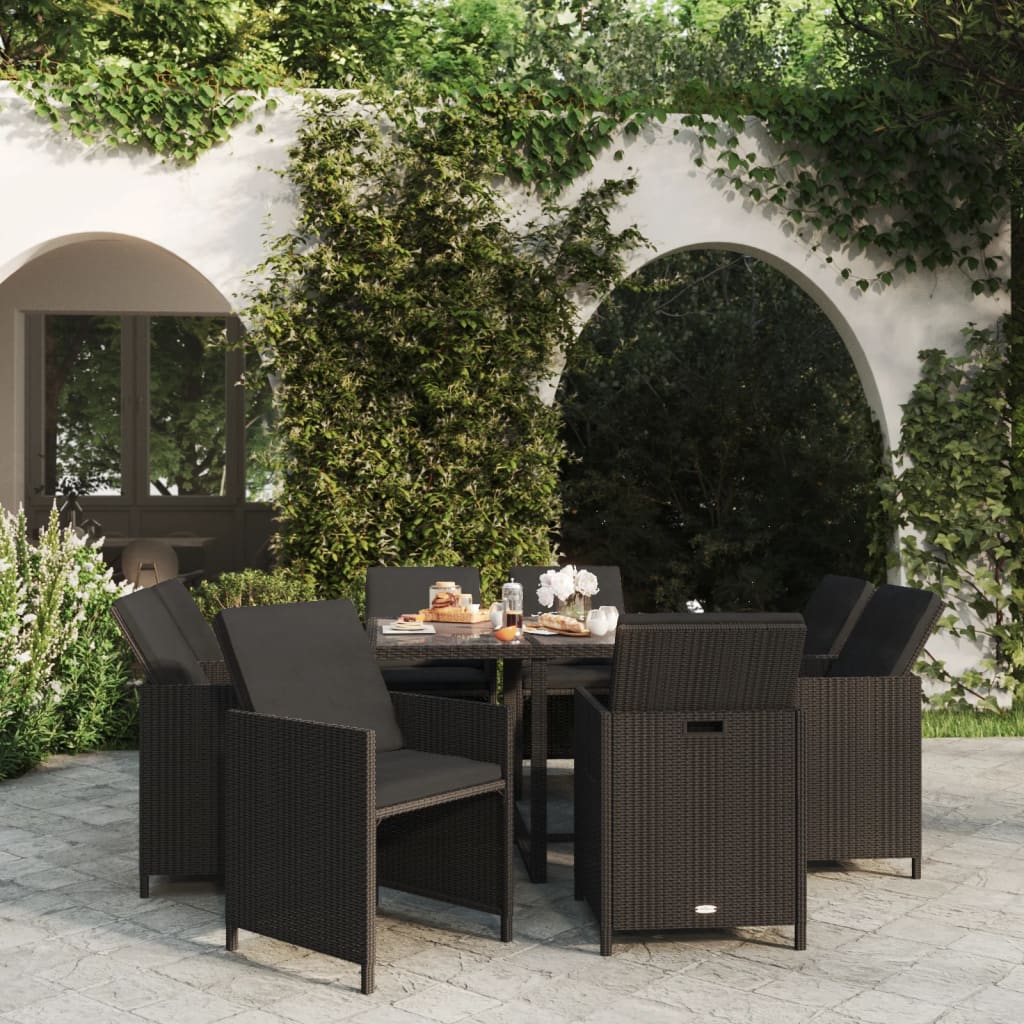Set da Pranzo da Giardino 9 pz con Cuscini Nero in Polyrattan - homemem39
