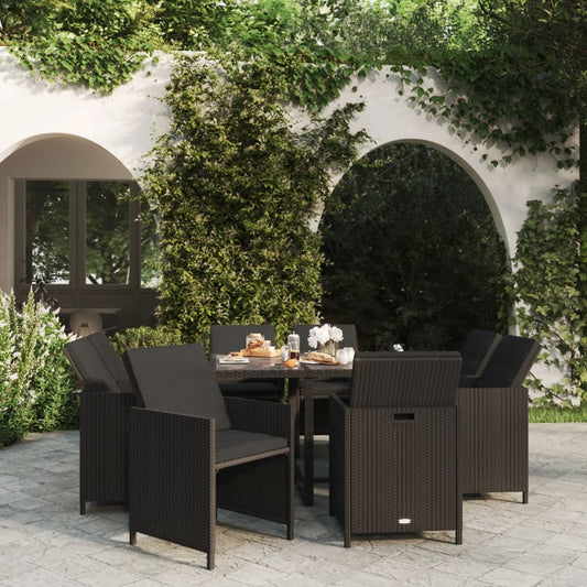 Set da Pranzo da Giardino 9 pz con Cuscini Nero in Polyrattan - homemem39