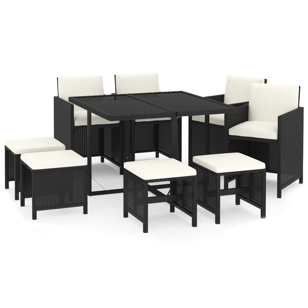 Set da Pranzo da Giardino 9 pz con Cuscini Nero in Polyrattan - homemem39
