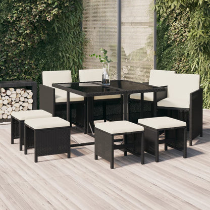 Set da Pranzo da Giardino 9 pz con Cuscini Nero in Polyrattan - homemem39