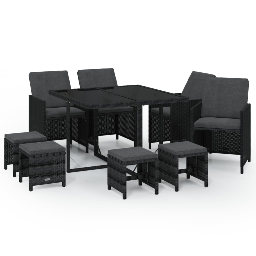 Set da Pranzo da Giardino 9 pz con Cuscini Nero in Polyrattan - homemem39