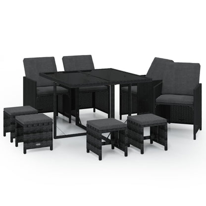 Set da Pranzo da Giardino 9 pz con Cuscini Nero in Polyrattan - homemem39