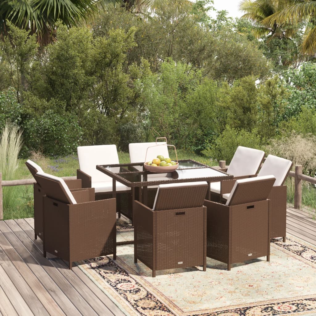 Set Divani da Giardino 9 pz con Cuscini in Polyrattan Marrone - homemem39