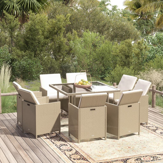 Set da Pranzo da Giardino 9 pz con Cuscini in Polyrattan Beige - homemem39