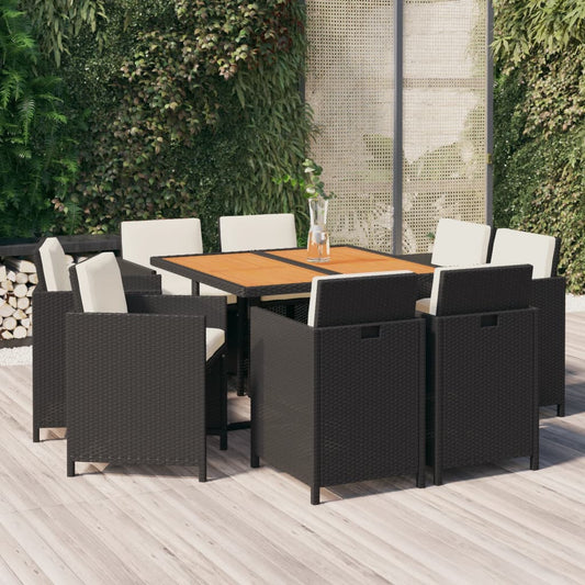 Set da Pranzo da Giardino 9 pz con Cuscini Nero in Polyrattan - homemem39