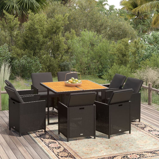 Set da Pranzo da Giardino 9 pz con Cuscini Nero in Polyrattan - homemem39