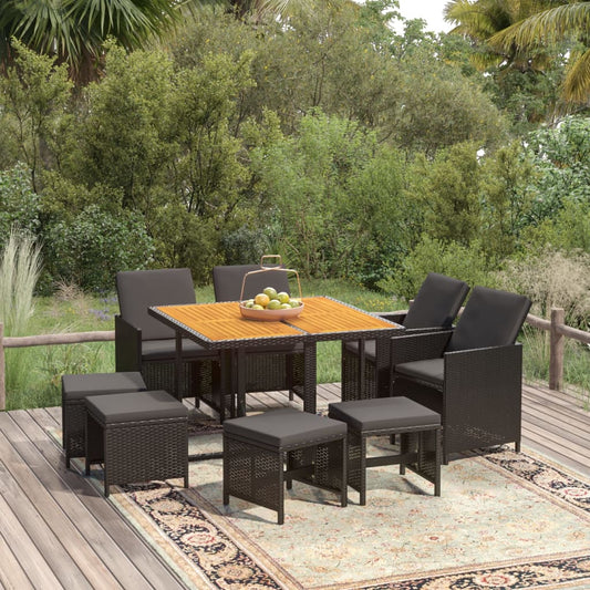 Set da Pranzo da Giardino 9 pz con Cuscini Nero in Polyrattan - homemem39