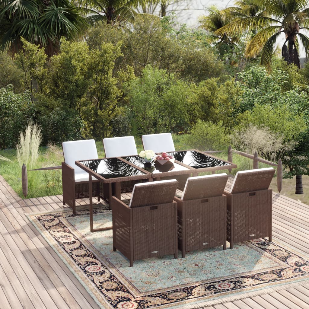 Set da Pranzo da Giardino 7 pz con Cuscini Polyrattan Marrone | homemem39