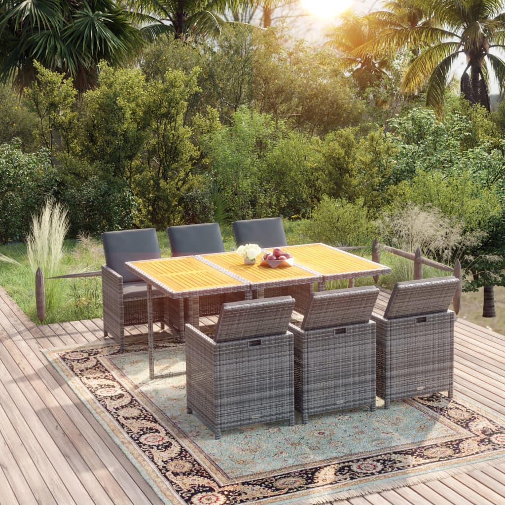 Set da Pranzo da Giardino 7 pz con Cuscini in Polyrattan Grigio