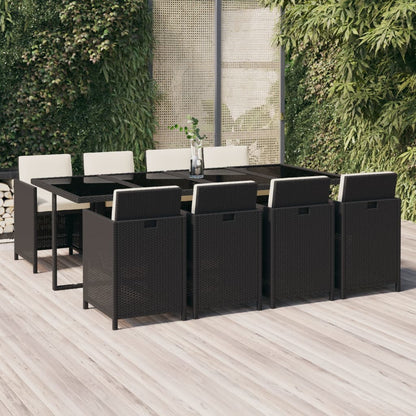 Set da Pranzo da Giardino 9 pz con Cuscini Nero in Polyrattan