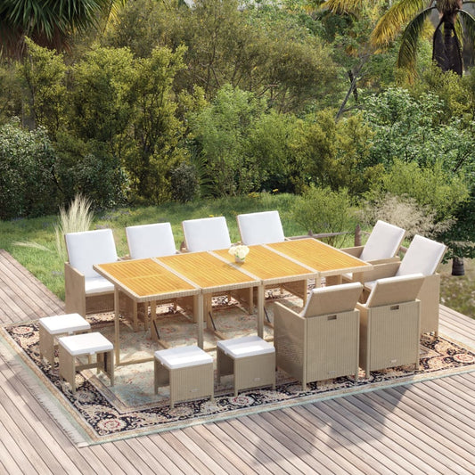 Set da Pranzo da Giardino 13 pz con Cuscini in Polyrattan Beige