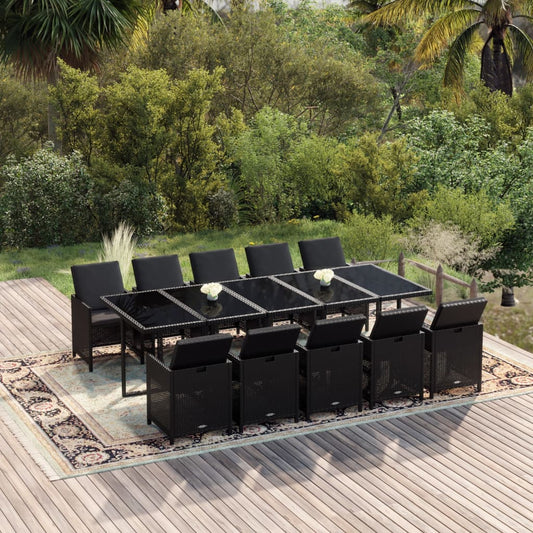Set da Pranzo da Giardino 11 pz con Cuscini in Polyrattan Nero
