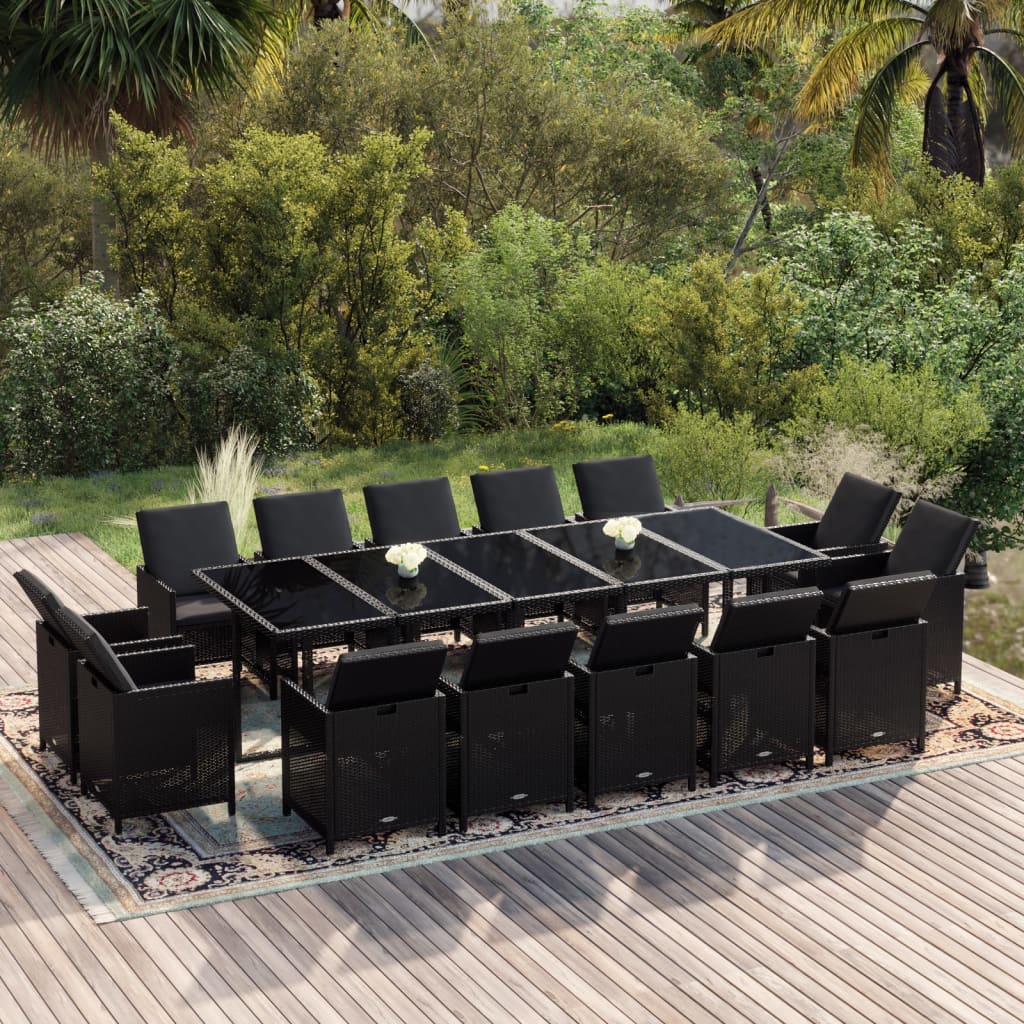 Set Pranzo da Giardino 15 pz con Cuscini in Polyrattan Nero