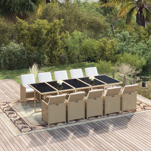 Set da Pranzo da Giardino 11 pz con Cuscini in Polyrattan Beige