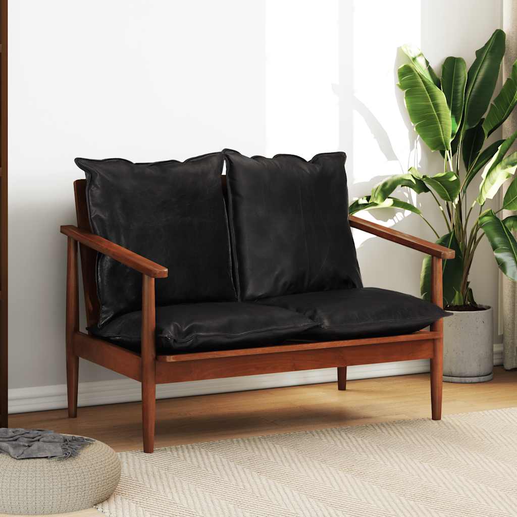 Divano 2 Posti Nero Vera Pelle e Legno Massello Acacia - homemem39