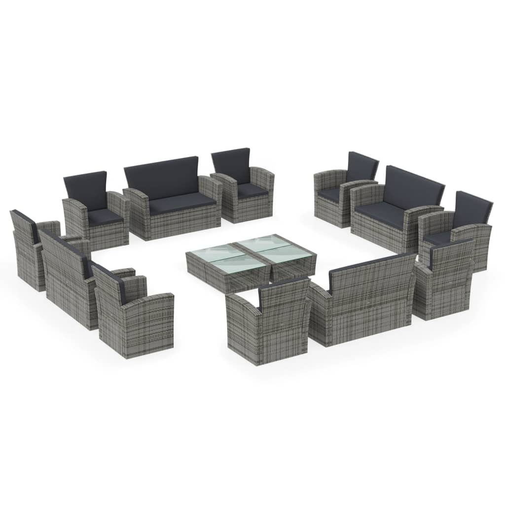 Set Divani da Giardino 16 pz con Cuscini in Polyrattan Grigio - homemem39